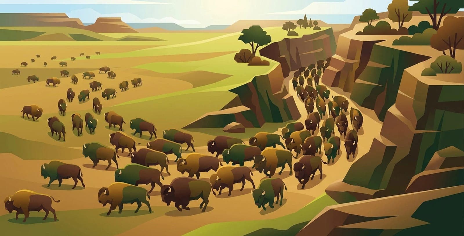 Illustration of a bison herd crossing open grassland and funnelling into a narrow canyon